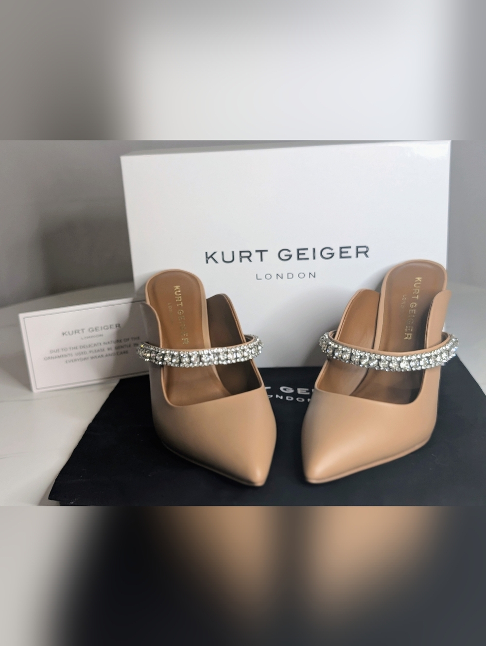 Kurt Geiger London Crystal Strap Mule Heels Nude Pointed Toe Stiletto Size 8 NIB